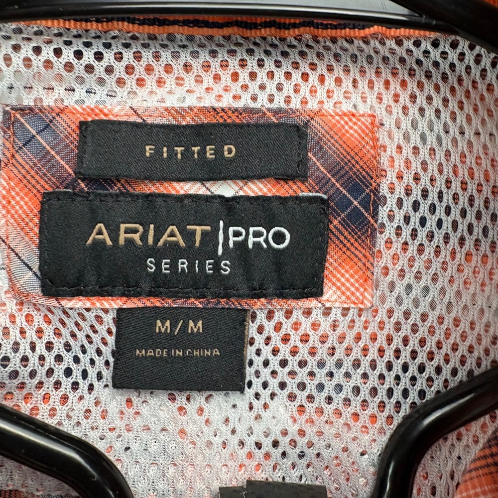Ariat Pro Series Mens Plaid Long Sleeve Button Up Shirt Orange‎ Navy Blue Size M - Picture 2 of 8